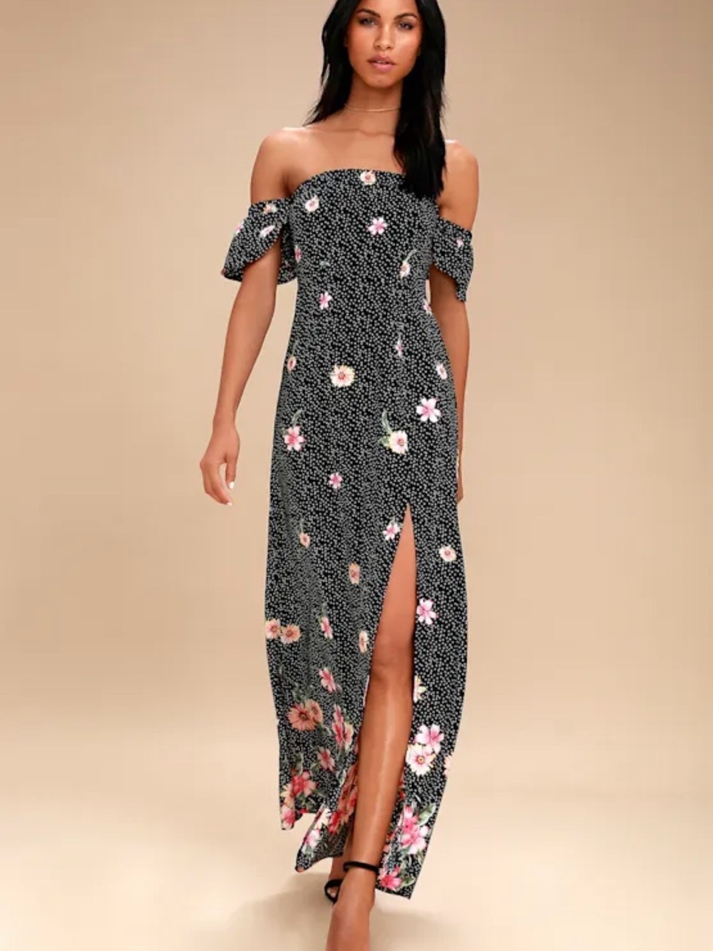 Lulu's Black Floral One-Shoulder Maxi Dress with Side Slit